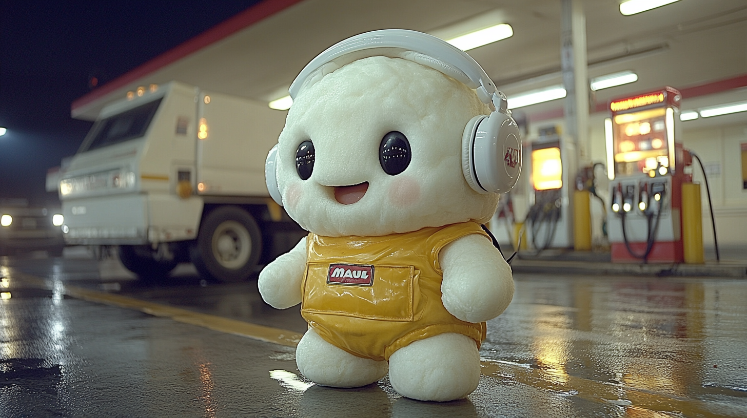 An 1980 cinematic photo of marshmallow fueling truck.