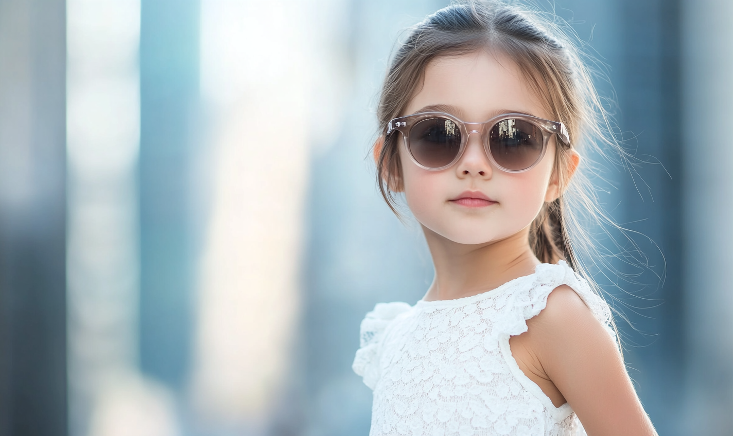 An 8-year-old girl in white dress and sunglasses, with blurred city background, in hyper-realistic photo with natural light.