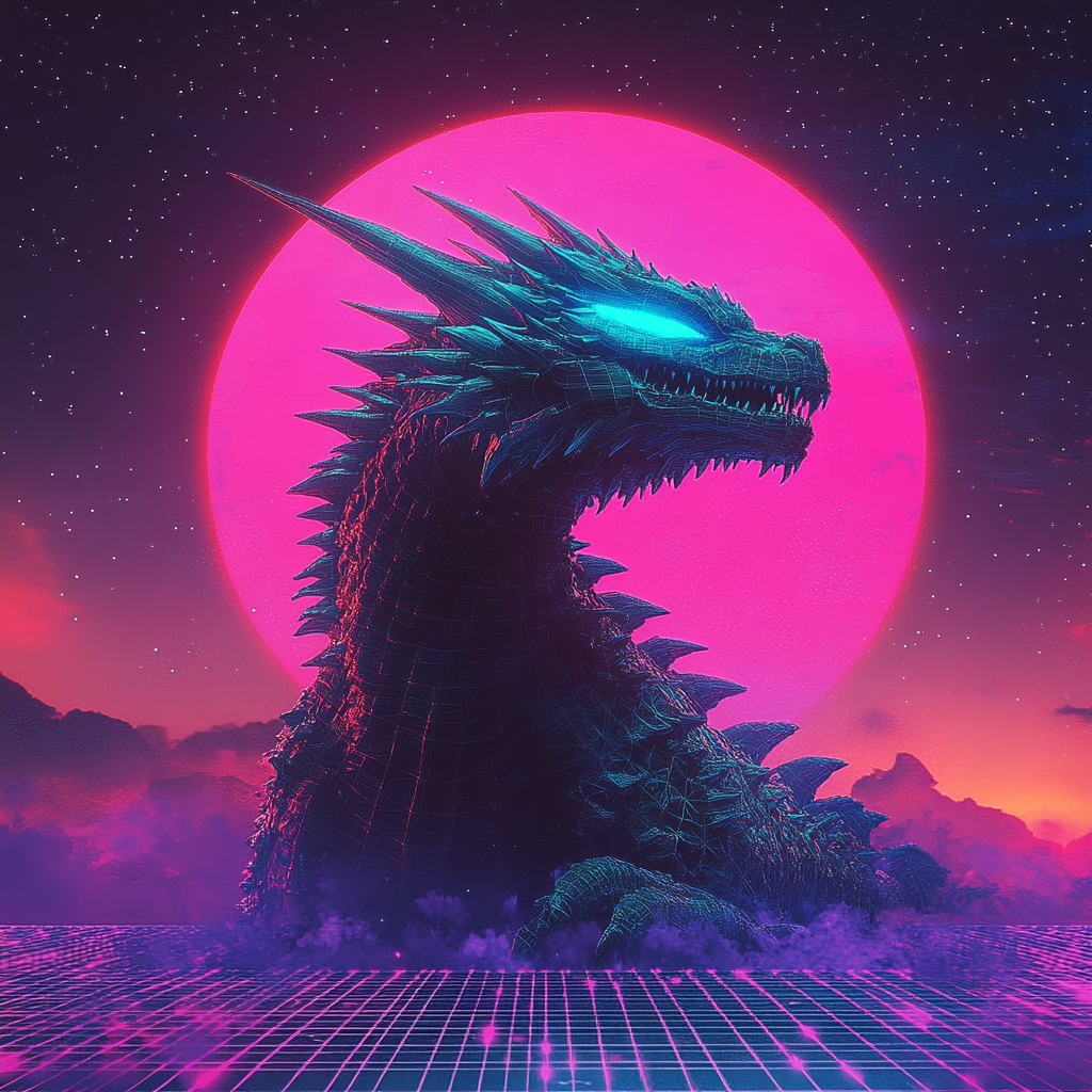 An 80s style dragon in neon colors