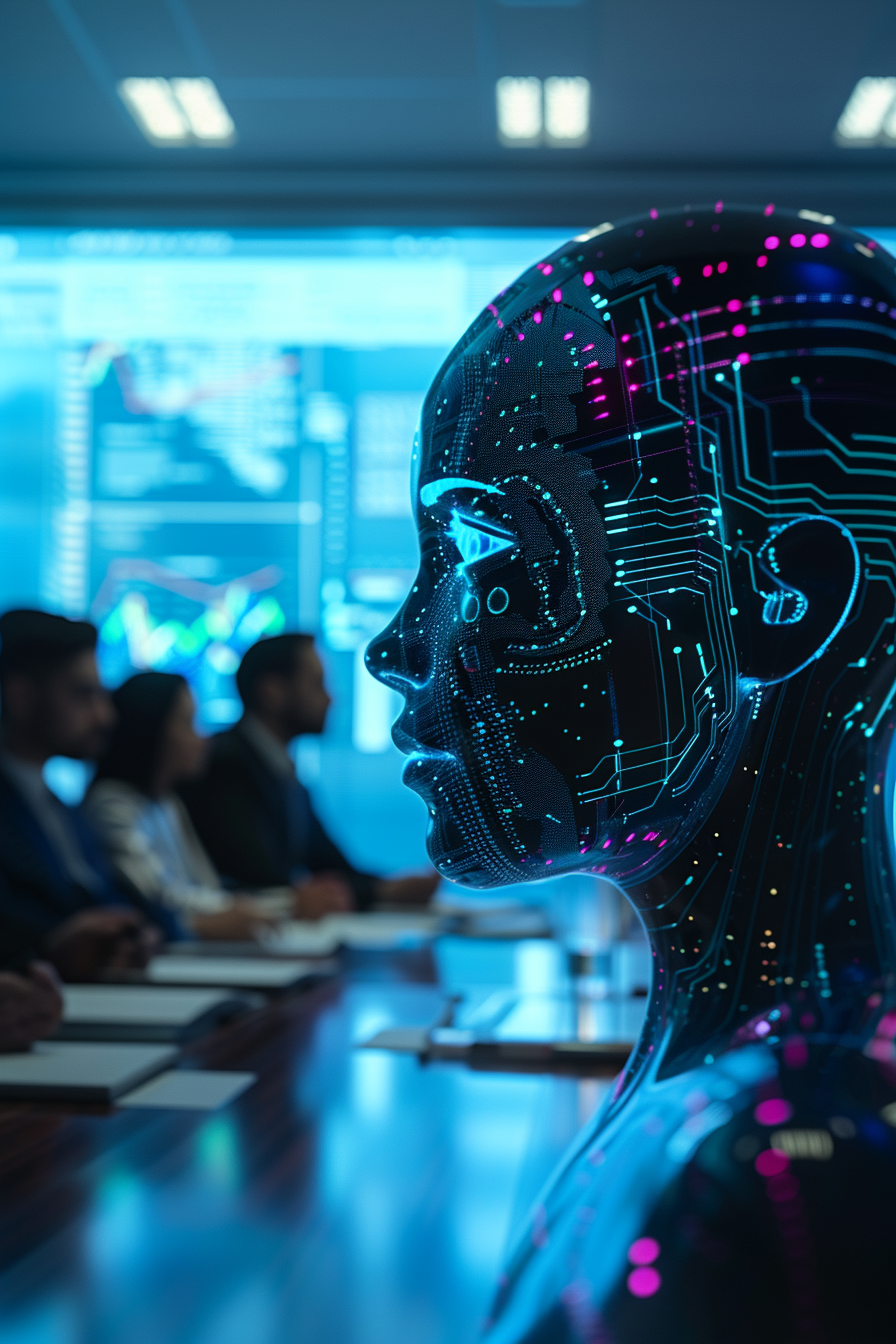 An AI Manager Leads a Futuristic Board Meeting