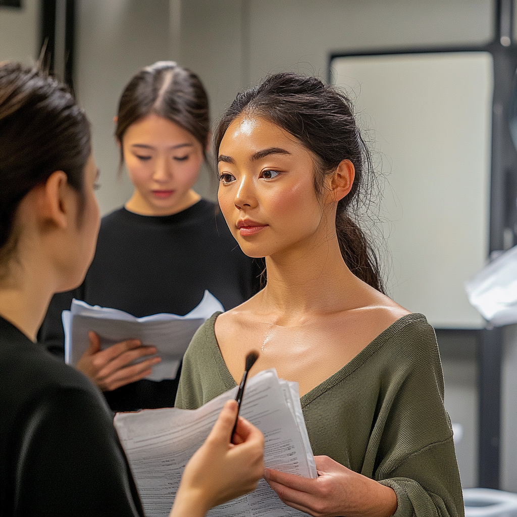 An Actress Getting Makeup Done by Staff, Neutral Expression