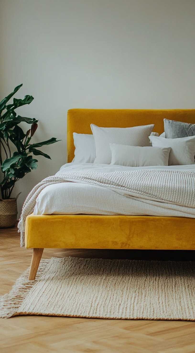 An Aesthetic Bedroom with Yellow Bed and Plant