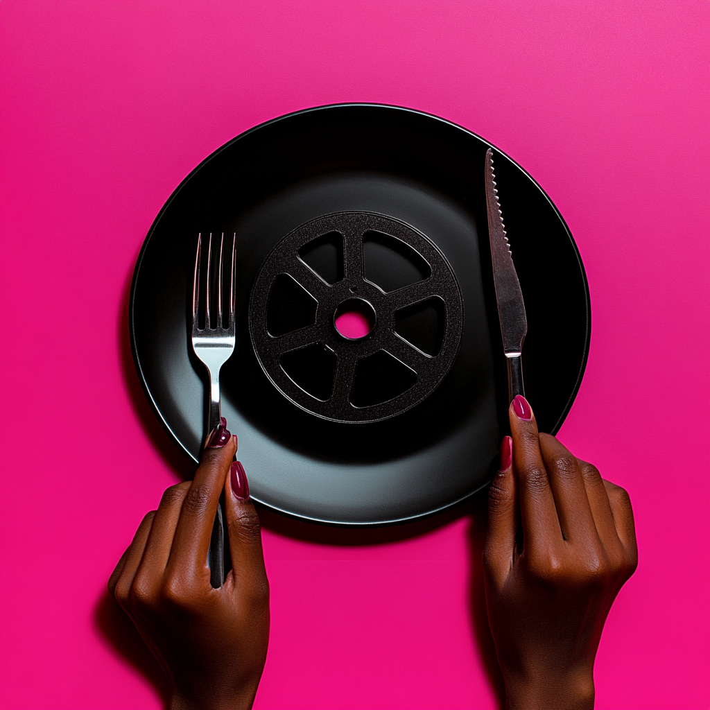 An African Woman with Movie Reel Plate, Fork & Knife