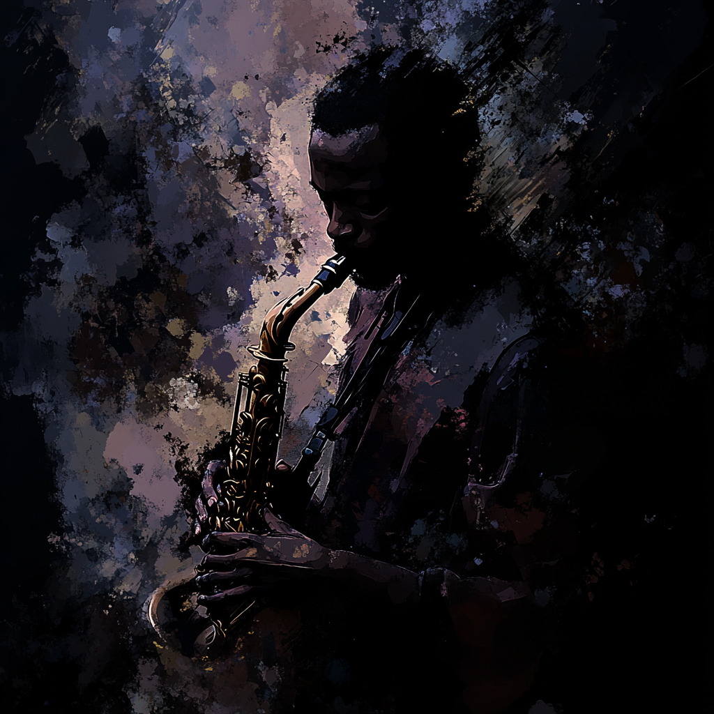 An African man playing saxophone in abstract art.