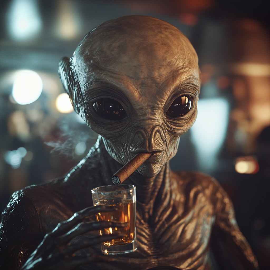 An Alien smoking, drinking whiskey in space