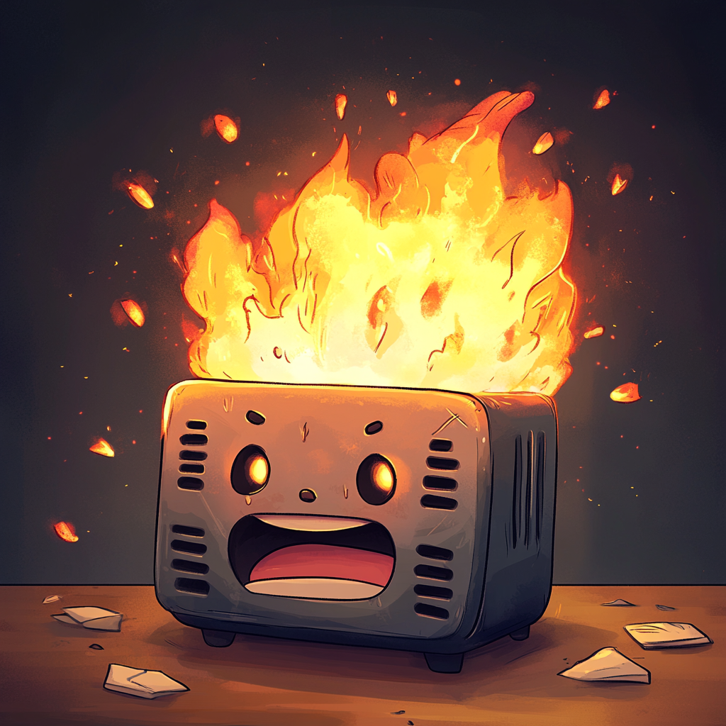 An Anime Toaster in Cute Distress from Fire