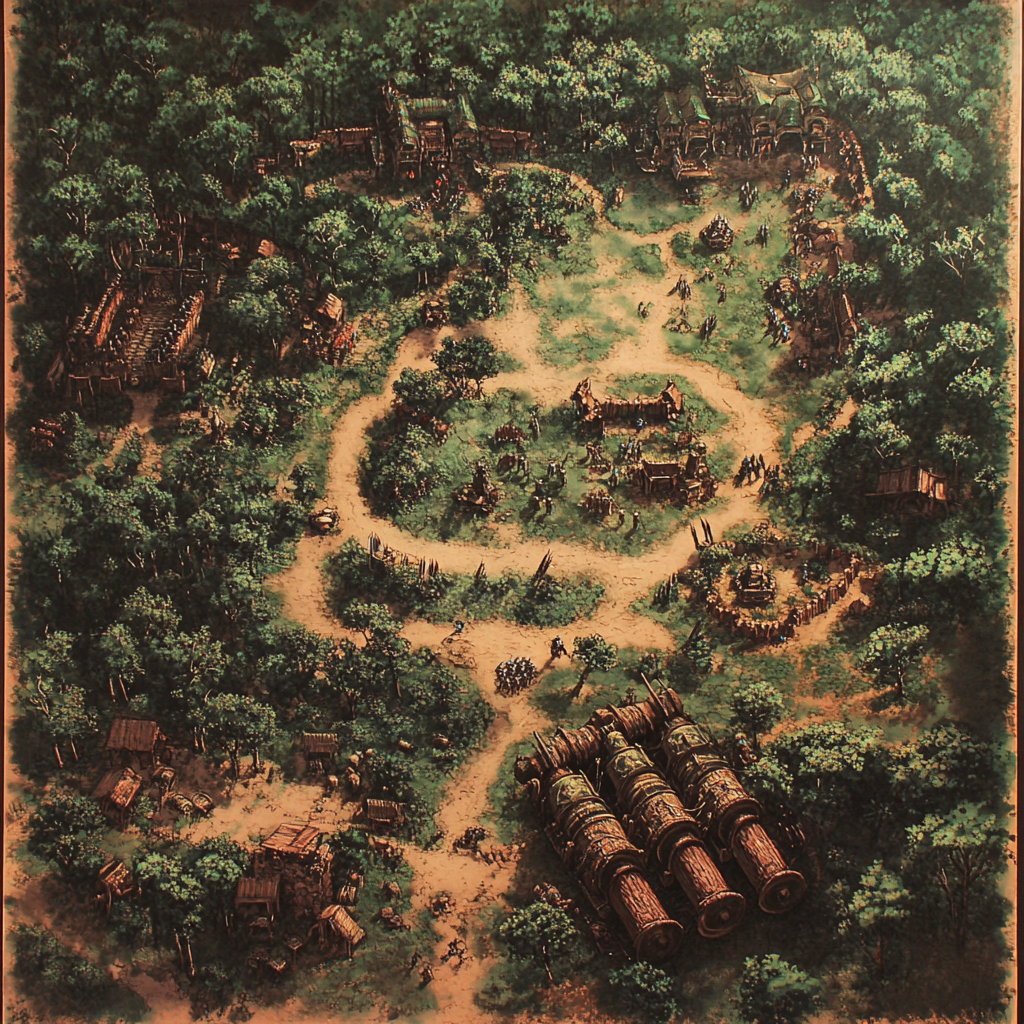 An Army Camp Battle Map with Weapons in Forest