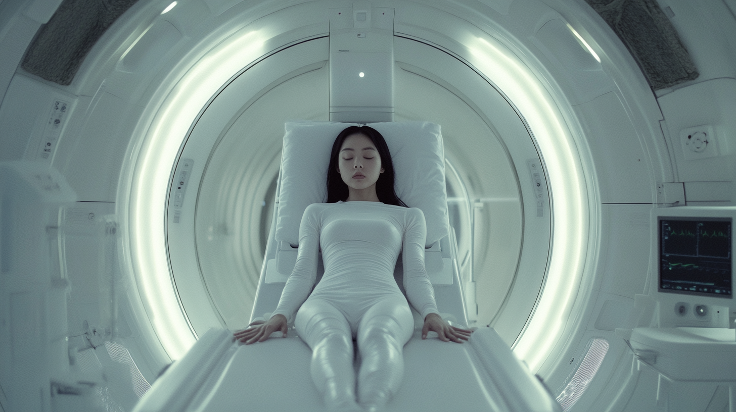 An Asian girl in MRI machine in lab.