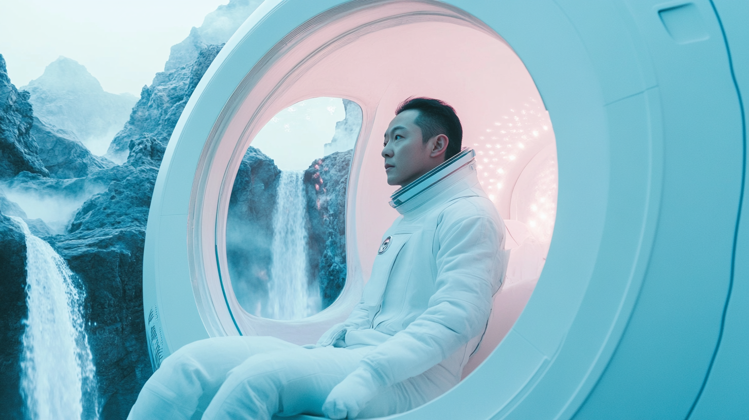 An Asian man in a white space suit viewing waterfalls in a starship.