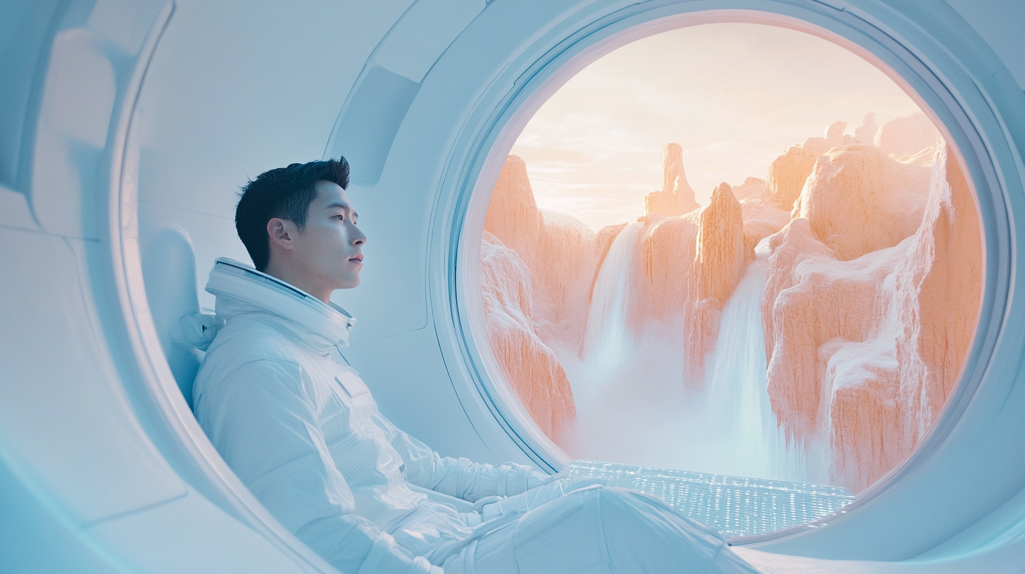 An Asian man in futuristic spaceship looking outside.