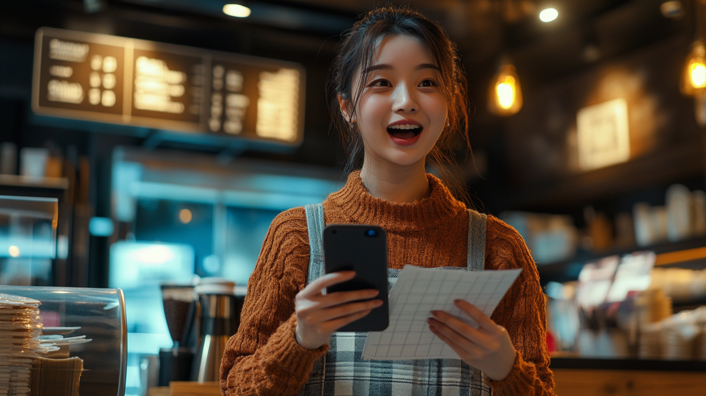 An Asian woman excitedly managing finances at cafe