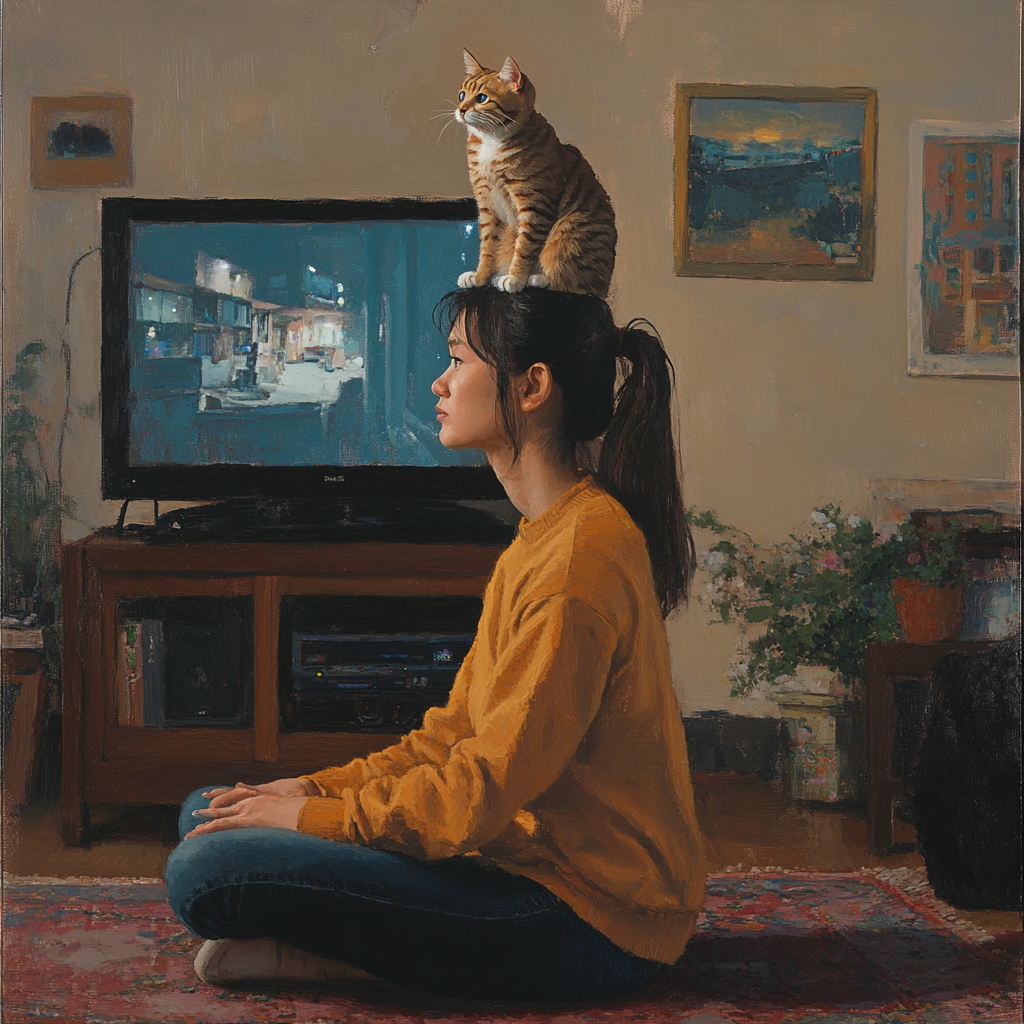 An Asian woman watching TV with cat on head