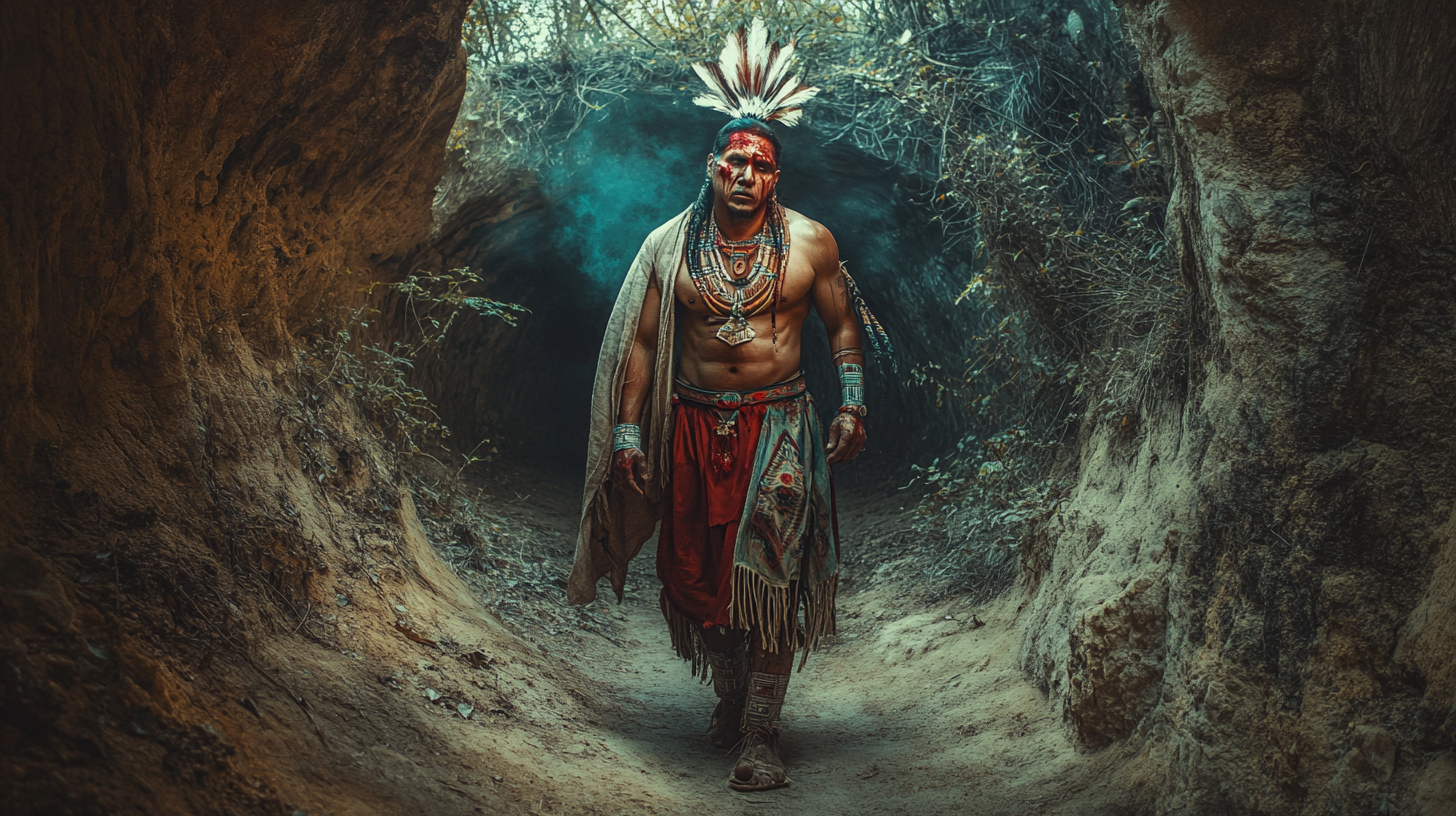 An Aztec leader hurt in forest cave entrance.