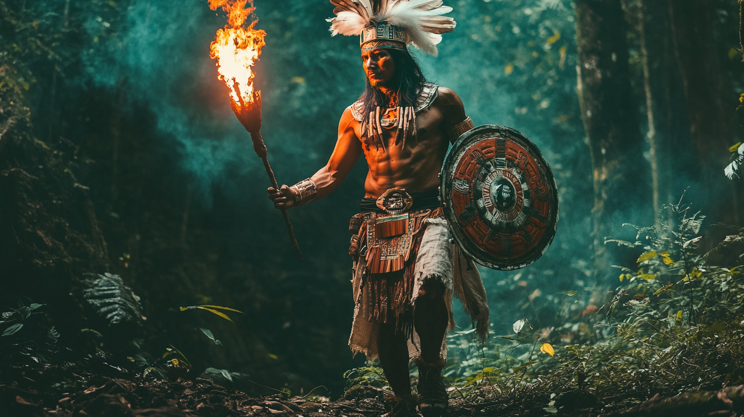 An Aztec leader nervously approaches forest cave entrance.