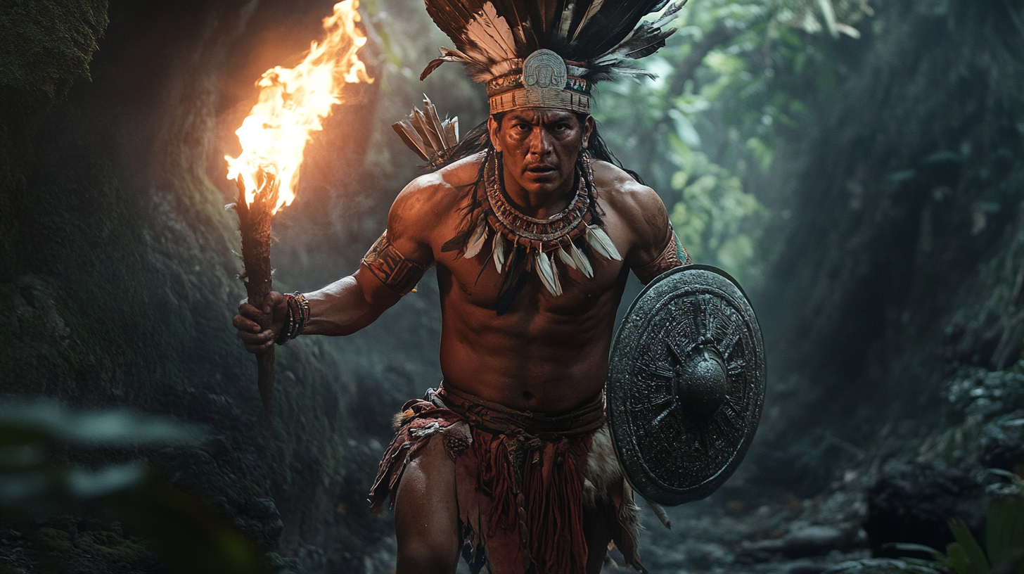 An Aztec leader with torch and shield in cave.