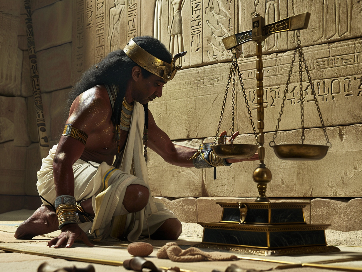 An Egyptian priest adjusts ancient gold scales.