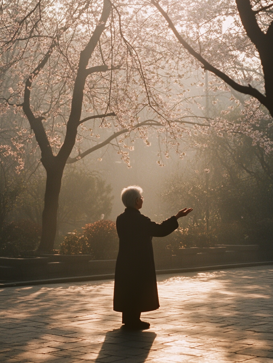 An Elderly Woman Practicing Tai Chi at Dawn