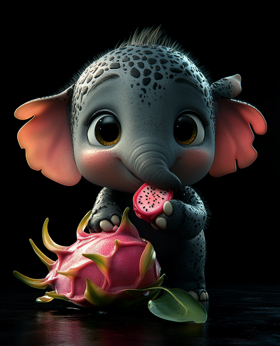 An Elephant holding dragon fruit on black background