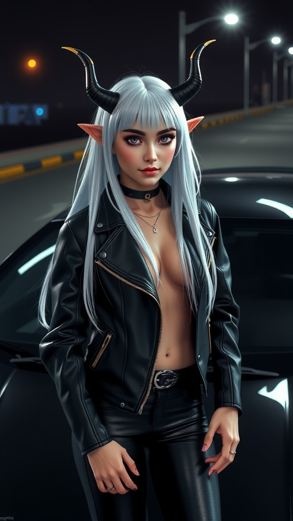 An Elf Girl Standing by a Lamborghini Car