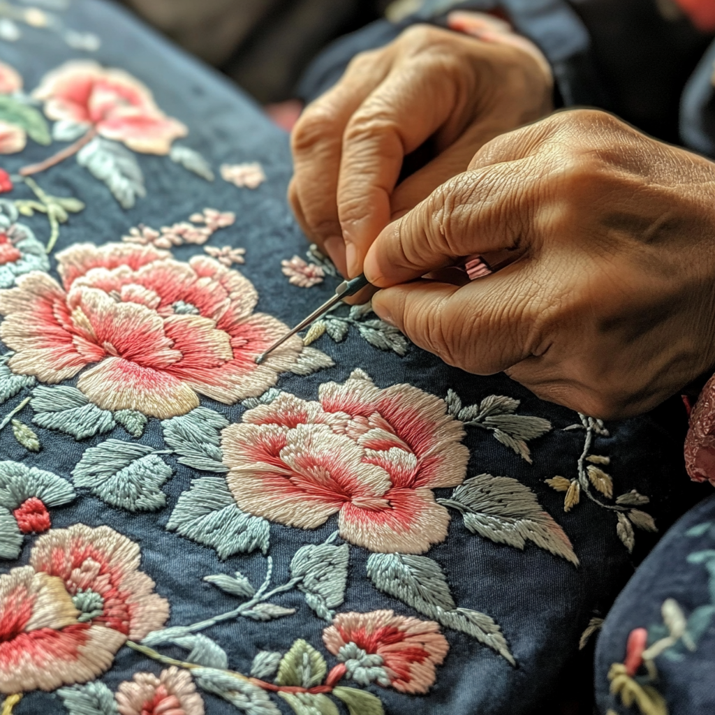 An Embroidery Craftsman Creating Beautiful Peony Patterns