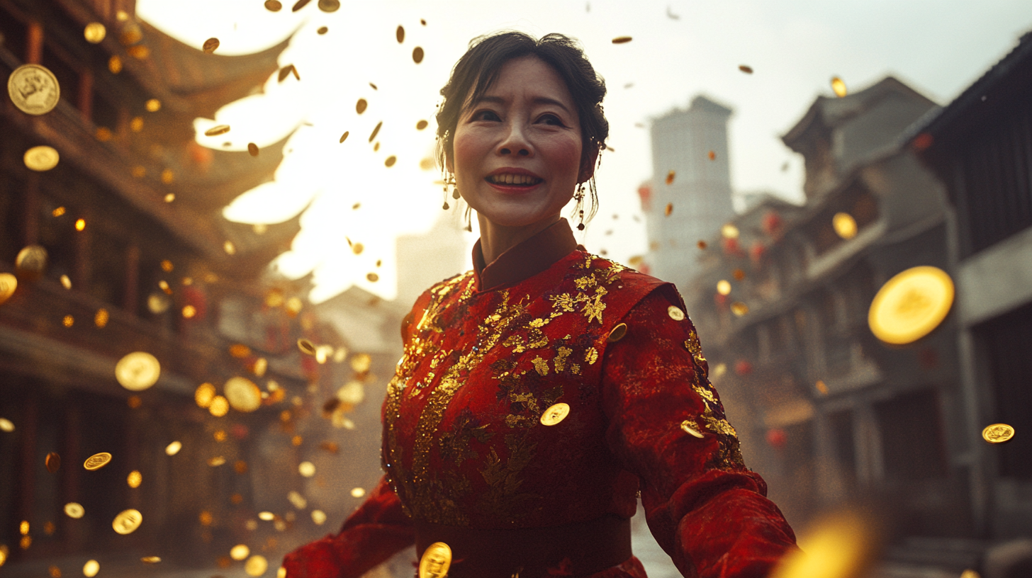 An Evil Chinese Woman in Red Dress Dancing