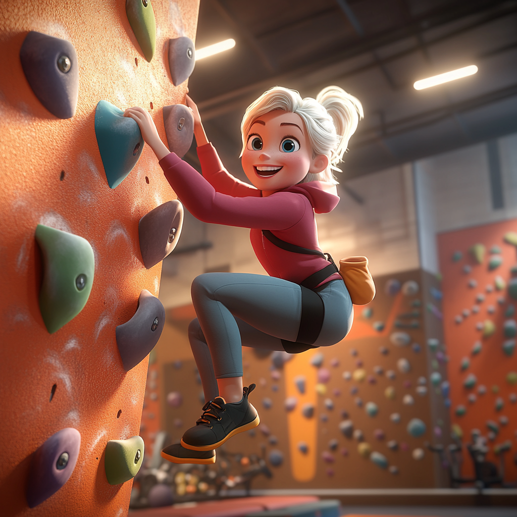 An Excited Woman Climbing a Gym Wall