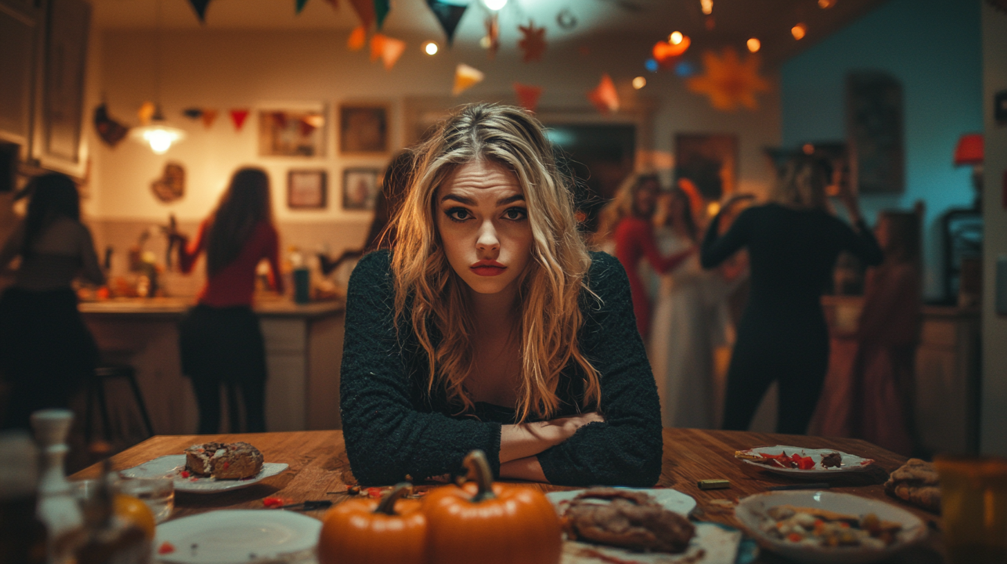 An Exhausted Witch at a Festive Halloween Party