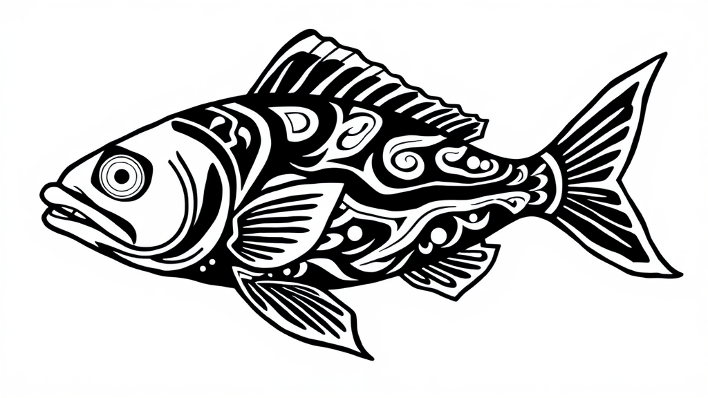 An Illustrated Maori-Style Fish in Black and White.