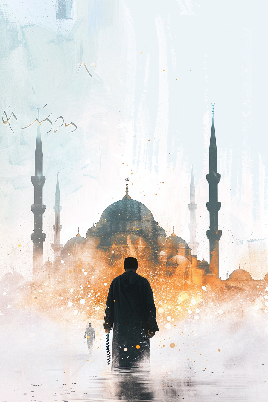 An Imam Walks Towards Glowing Mosque Silhouette