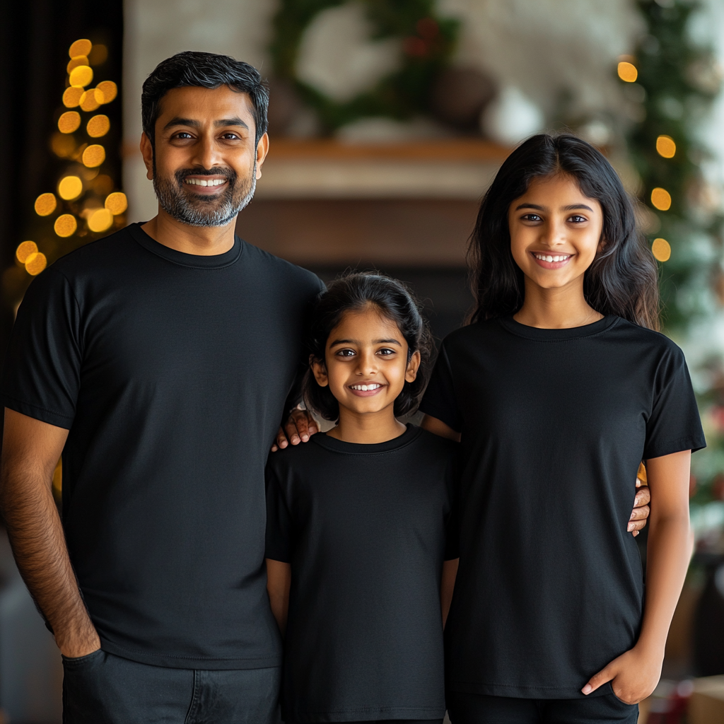 An Indian family posing together in Christmas scene.