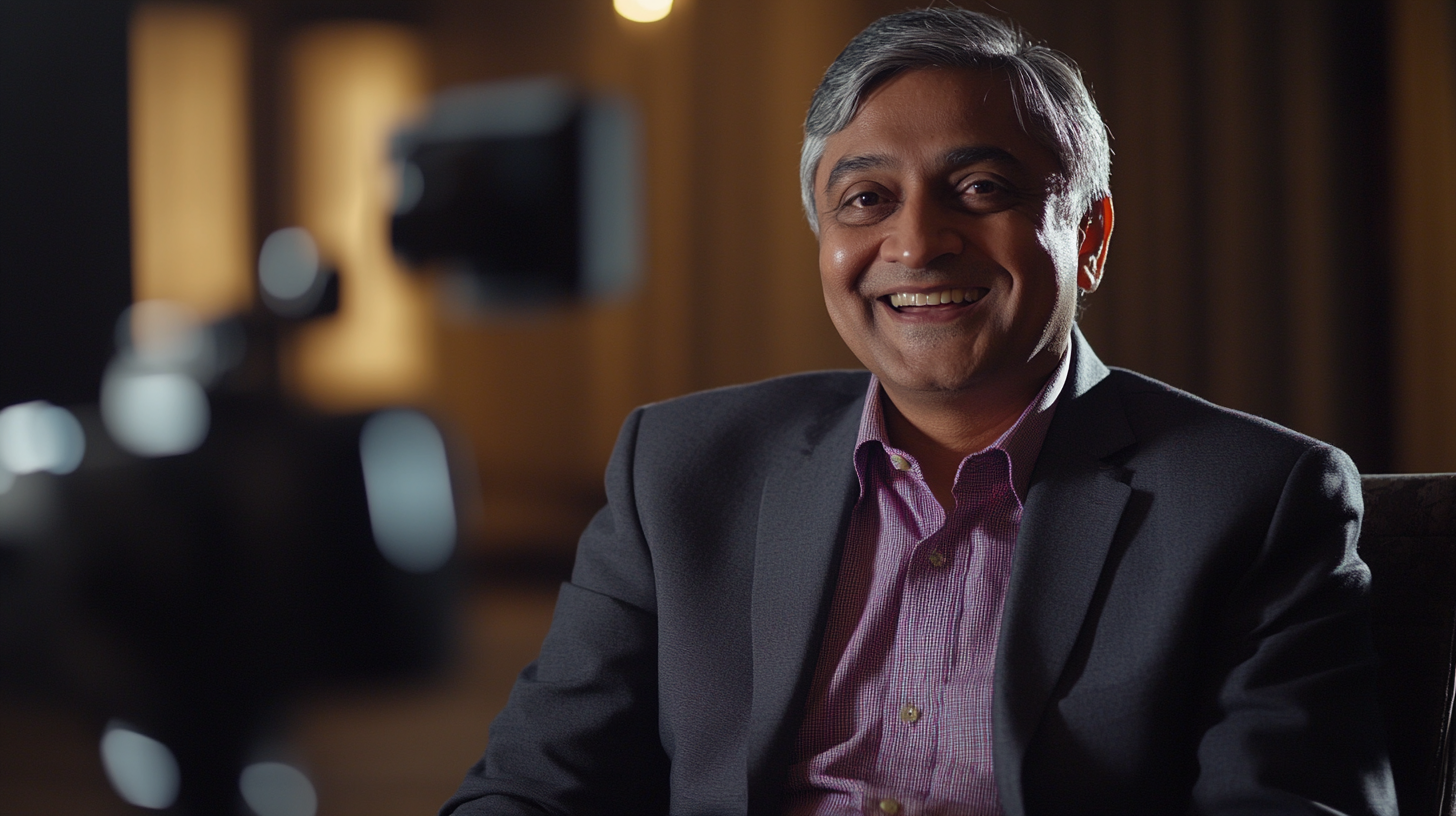 An Indian man smiles in an interview