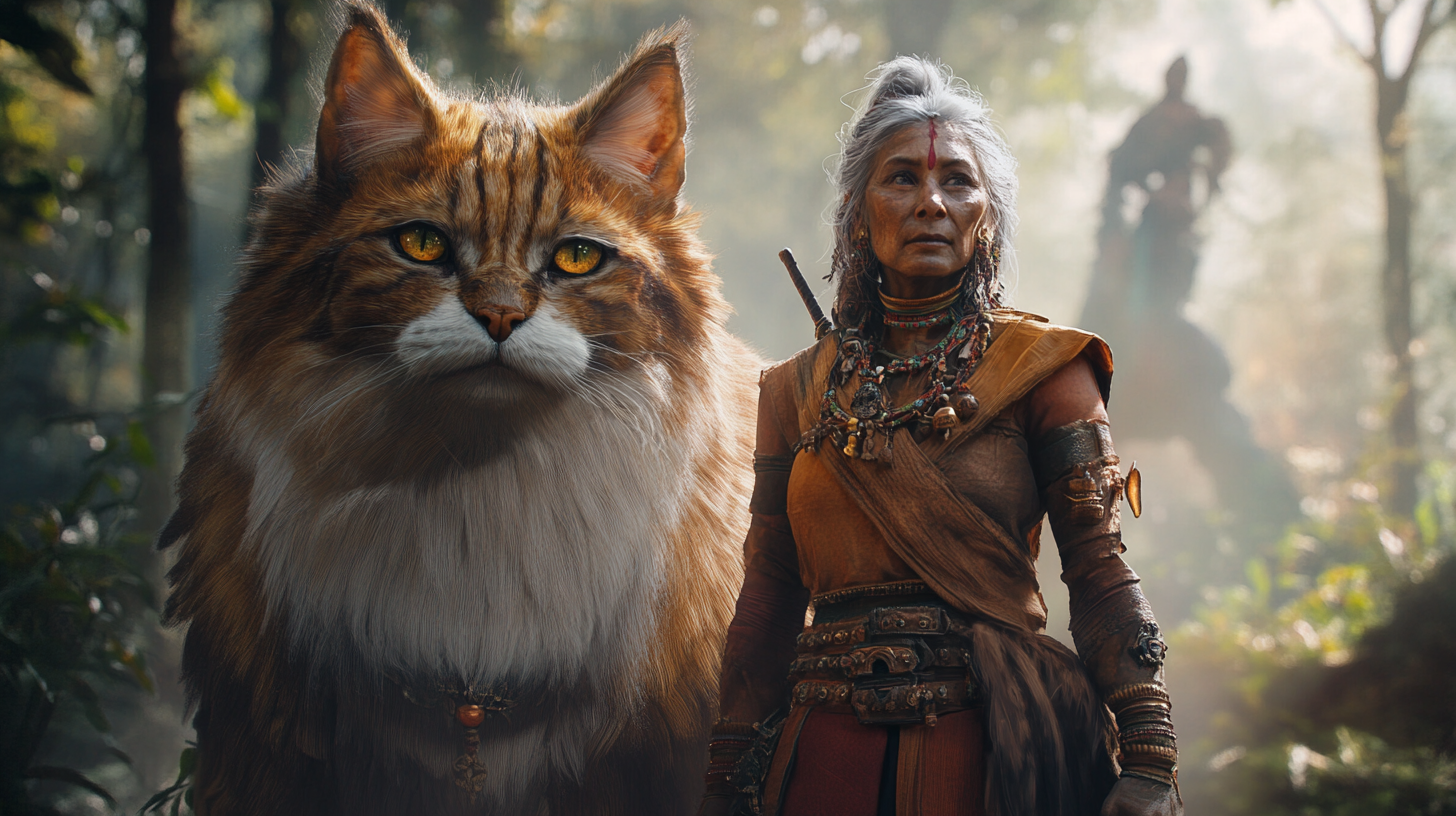 An Indian woman and cat in forest