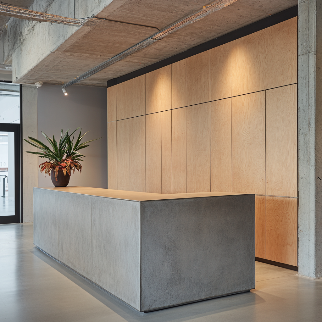 An Industrial Style Foyer with Concrete Kitchen