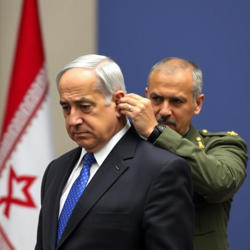 An Iranian Soldier Holds Netanyahu's Ear Firmly.