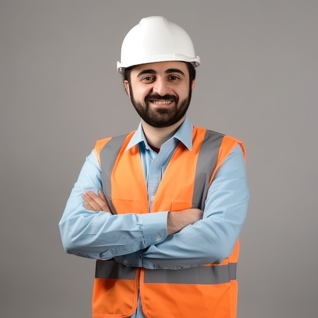 An Iranian construction engineer in uniform smiling.