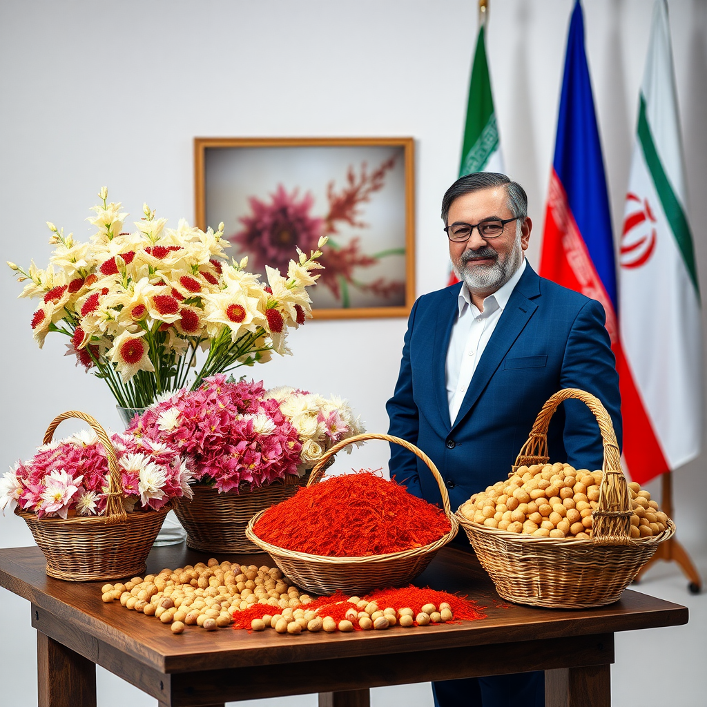 An Iranian man in a flower-filled studio.