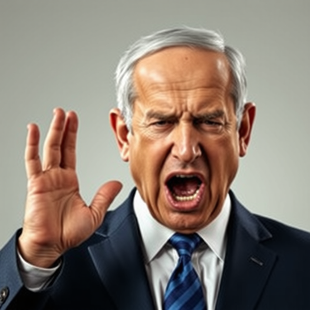 An Iranian person twisting Netanyahu's ear, causing shouting.