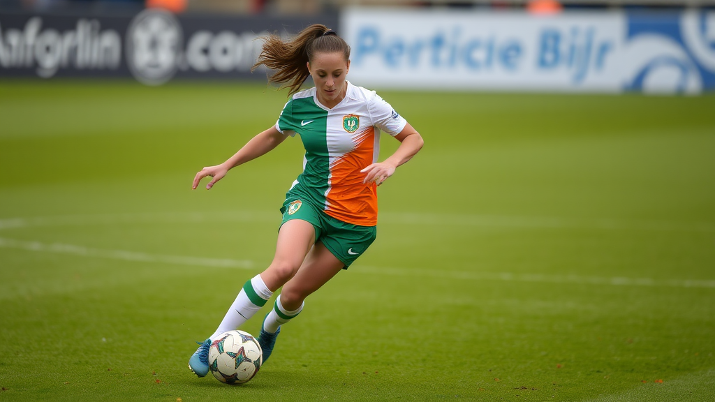 An Irish female soccer player on the field.