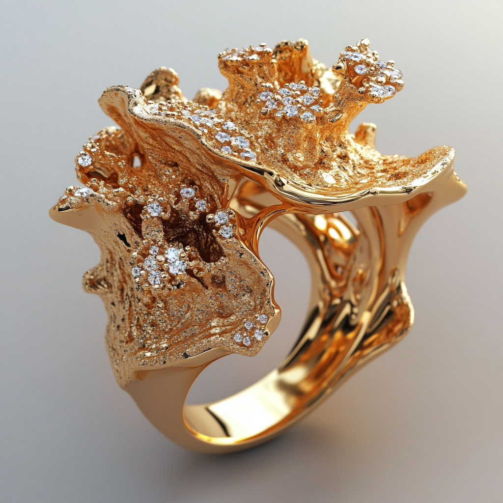 An Irregular Abstract Osmanthus-themed Gold Ring with Diamonds