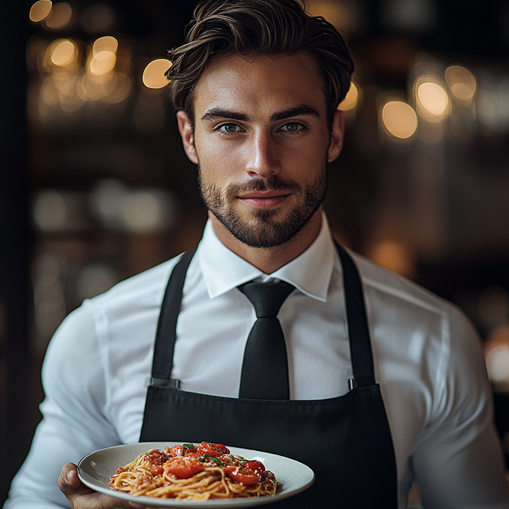 An Italian waiter serving tomato pasta in luxury.