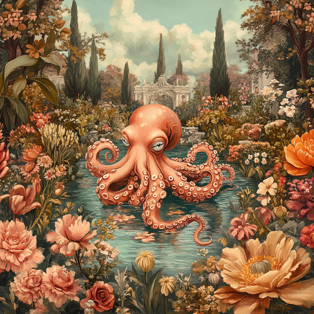 An Octopus in a Garden Pond Painting.