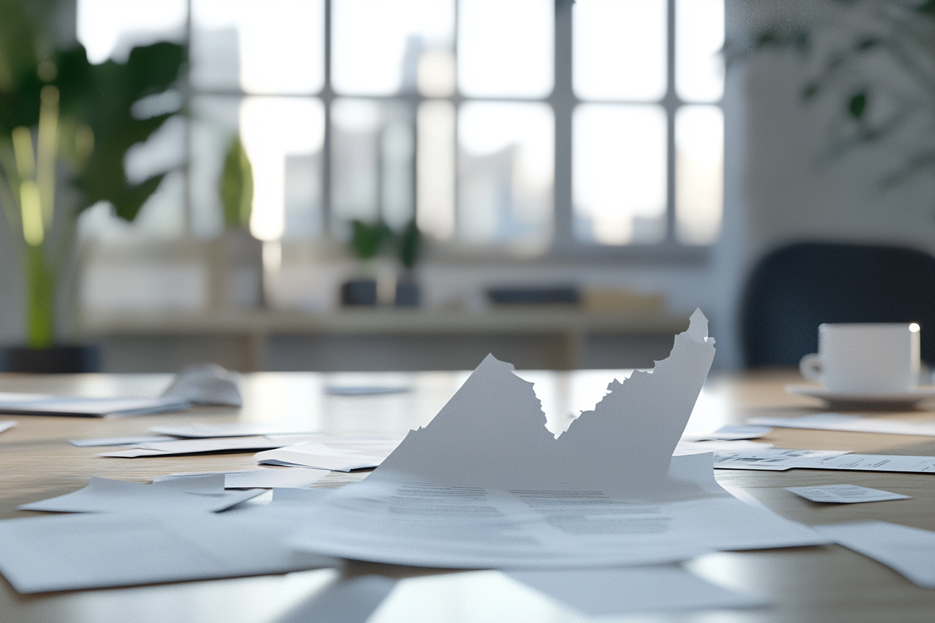 An Office Desk with Torn Documents