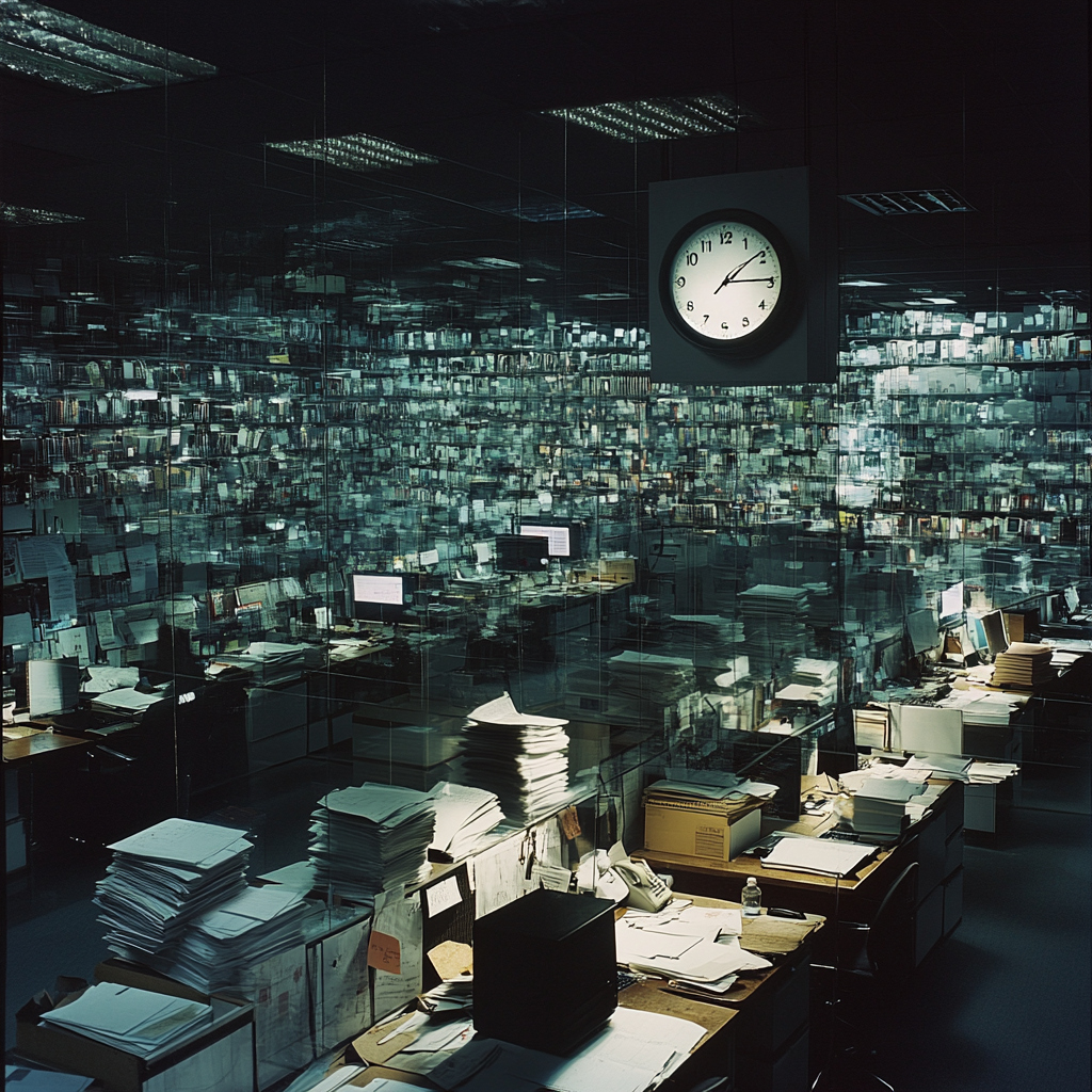 An Office with Endless Surveillance Feeds and Documents