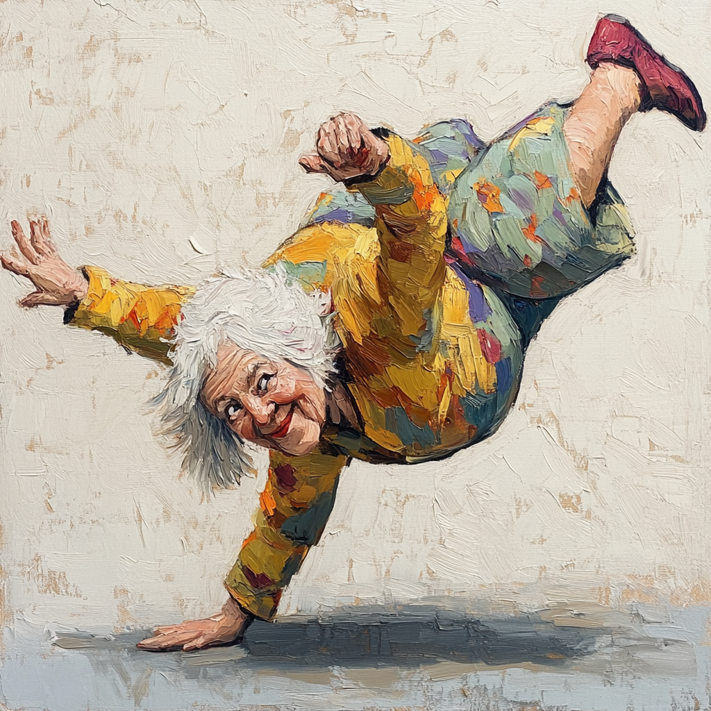 An Old Lady Doing Cartwheel in Cartoon Style