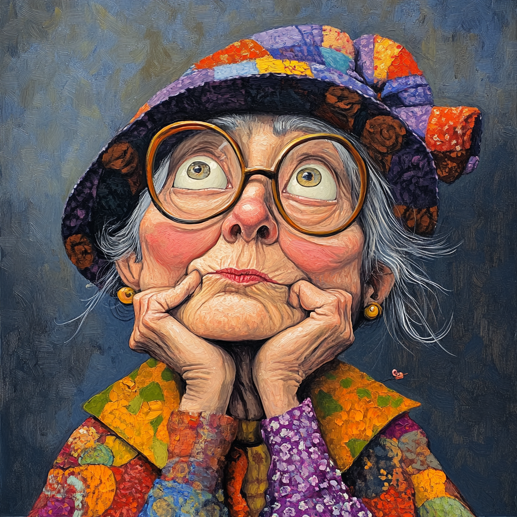 An Old Lady in Whimsical Attire, Contemplating