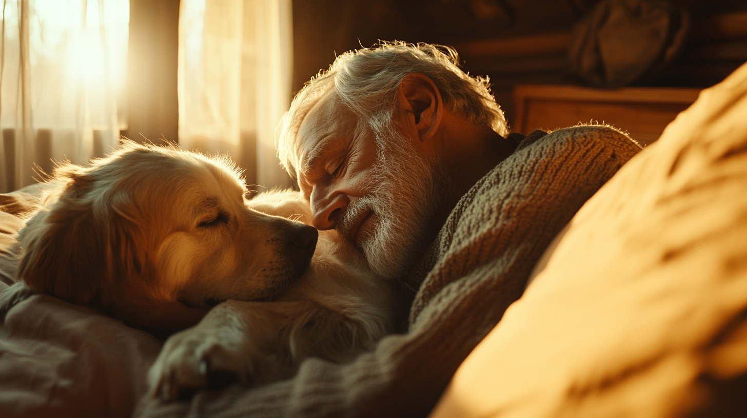 An Old Man Caring for His Dog