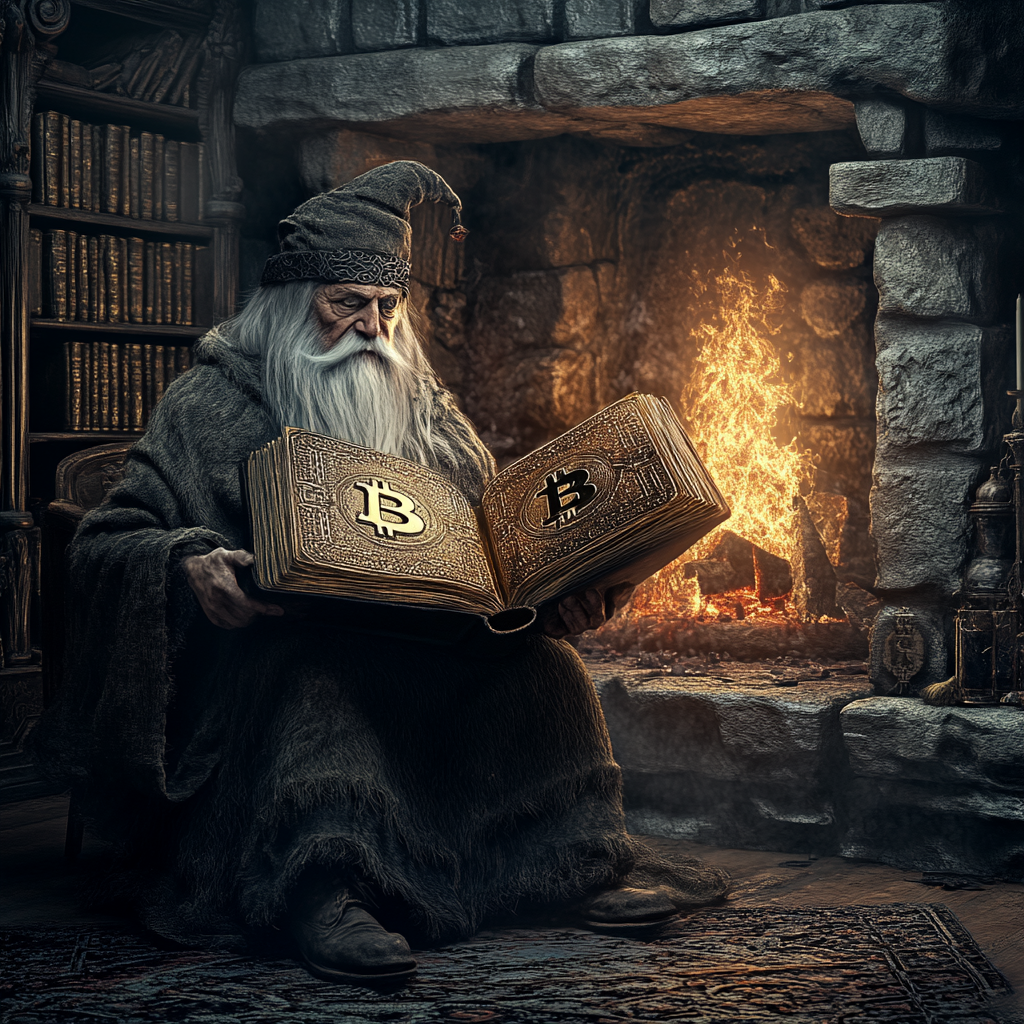 An Old Wizard Reading Bitcoin Book by Fireplace