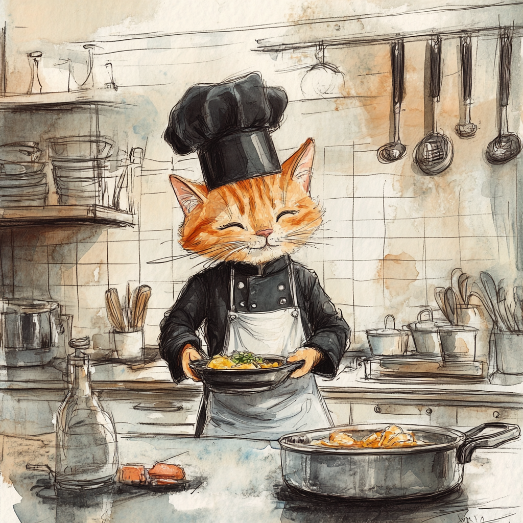 An Orange Cat Cooks in Kitchen Painting