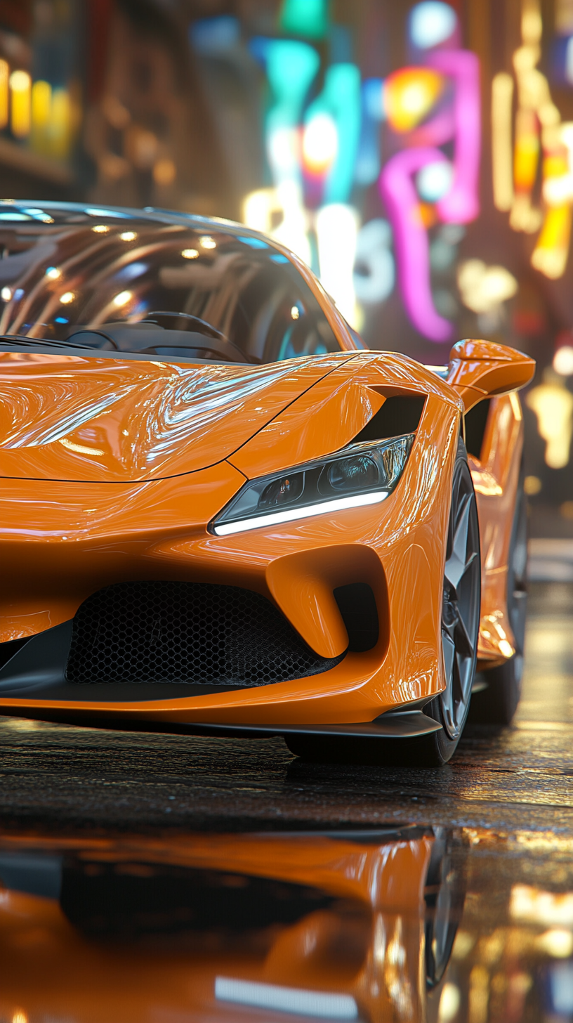 An Orange Ferrari F8 Tributo in City Twilight