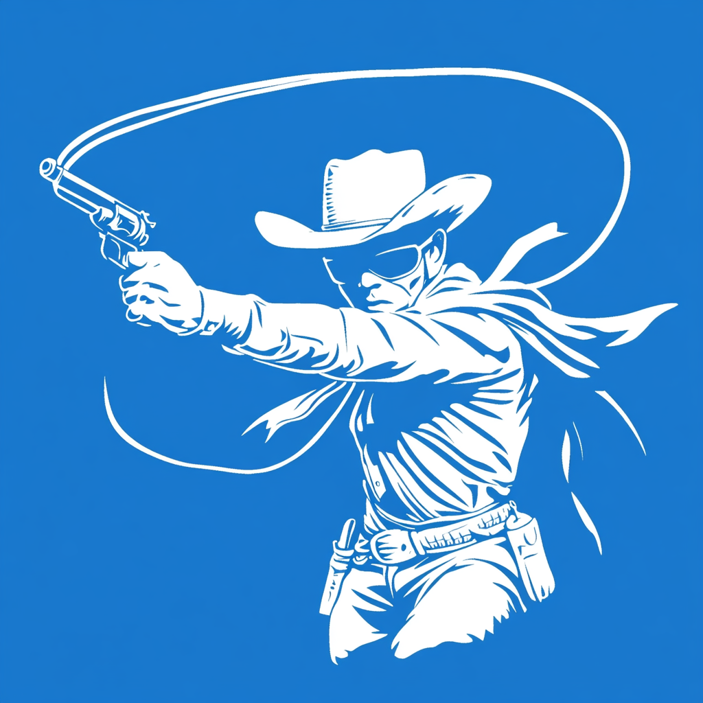 An Outlaw Cowboy Throws Lasso on Blue Background